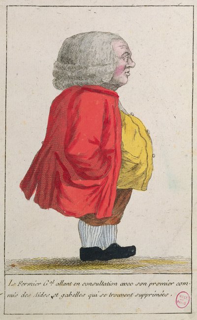 Caricature Depicting the Farmer General Going to Consult with His Chief Civil Servant in Charge of Welfare and Taxes About Their Abolition by French School
